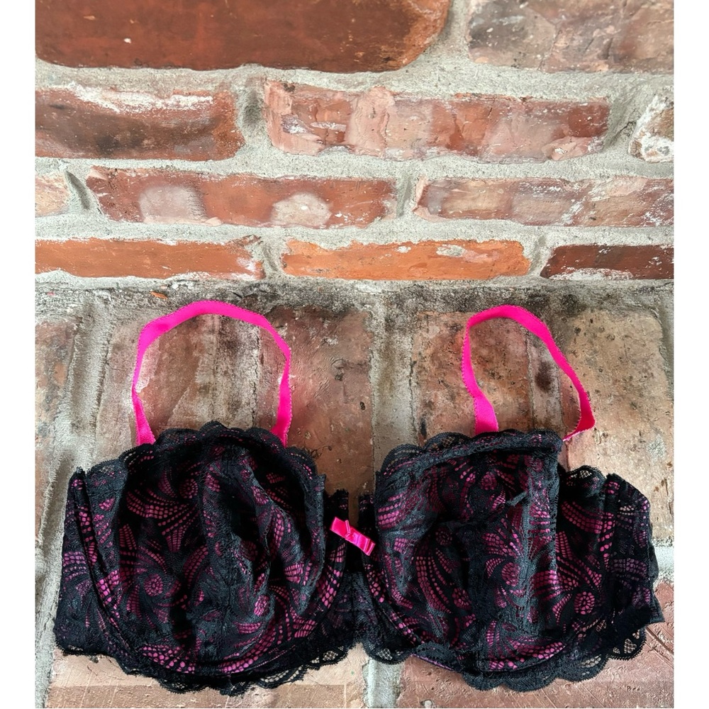 Adore Me Black Lace Bra with Hot Pink Accents